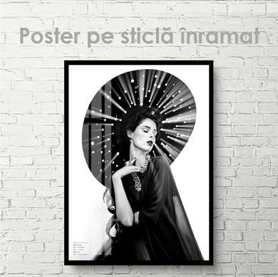 Poster - Portret alb-negru al unei fete în pălărie, 60 x 90 см, Poster inramat pe sticla