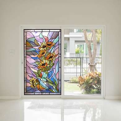 Самоклейка для окон, Геометрический декоративный витраж с подсолнухом, 60 x 90cm, Transparent