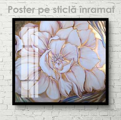 Poster - Floare albă cu margini aurii, 100 x 100 см, Poster inramat pe sticla