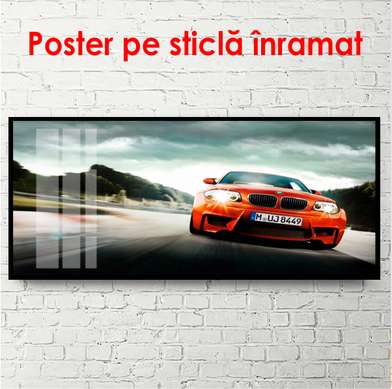 Постер - Красный автомобиль на дороге, 90 x 45 см, Постер в раме, Транспорт