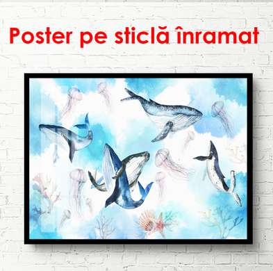 Постер - Киты в воде, 45 x 30 см, Холст на подрамнике, Фэнтези