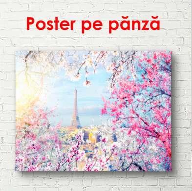 Постер - Красивый Париж с видом на Эйфелеву башню на рассвете, 90 x 60 см, Постер в раме, Города и Карты