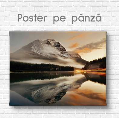 Постер - Закат у озера в горах, 90 x 60 см, Постер на Стекле в раме