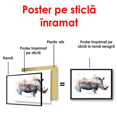 Poster - Rinocer pictat în acuarelă, 90 x 60 см, Poster înrămat