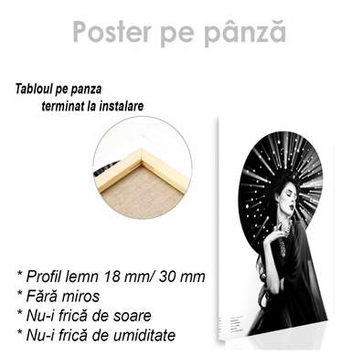 Постер - Черно-белый портрет девушке в шляпе, 60 x 90 см, Постер на Стекле в раме