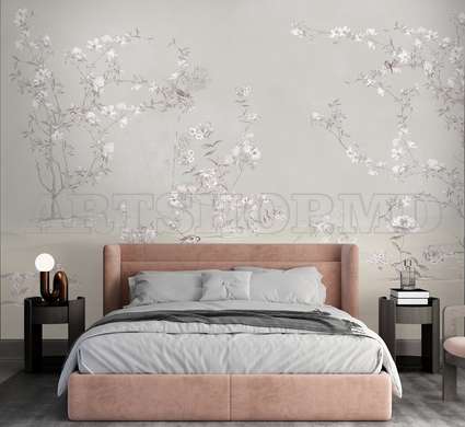 Wall mural - Trees with soft flowers and spring birds in pale beige shades