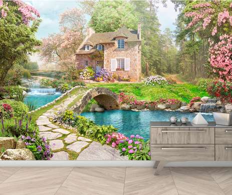 Wall Mural - House by the waterfall in the depths of the forest and bright flowers