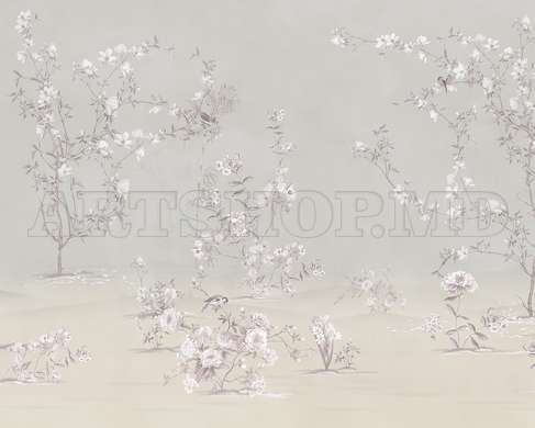 Wall mural - Trees with soft flowers and spring birds in pale beige shades