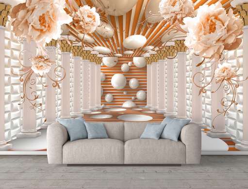 3D Wallpaper - Greek columns and pink peonies
