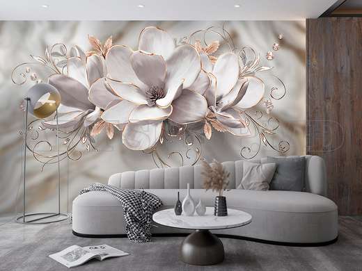 Fototapet 3D- Flori de magnolie cu contur auriu pe fundal gri abstract