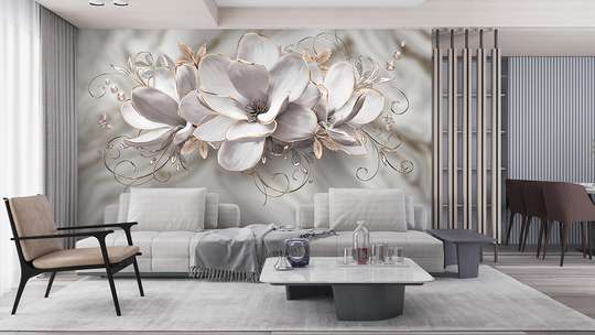 Fototapet 3D- Flori de magnolie cu contur auriu pe fundal gri abstract