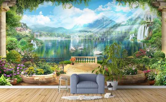Wall Mural - Beautiful view with waterfalls and blue sky.