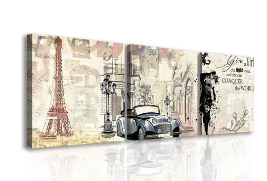 Модульная картина, Рисунок с машиной в Парижем и девушкой в черном платье, 225 x 75