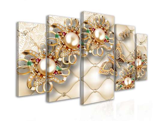 Modular picture, Gold flowers brooches on leather imitation, 108 х 60