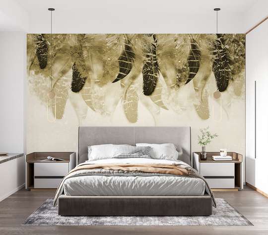 Wall mural - Golden feathers on a beige background
