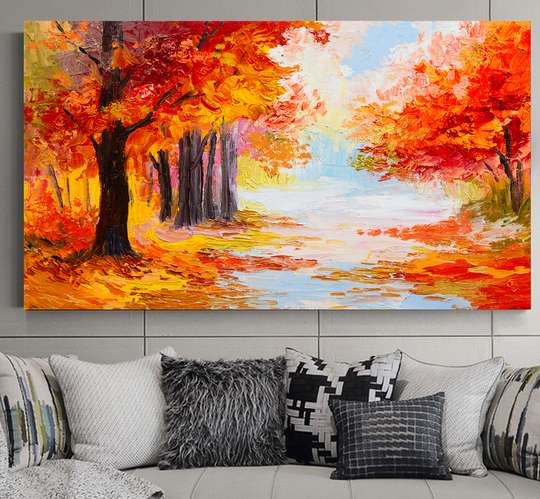 Постер - Огненная осень в масляных красках, 45 x 30 см, Холст на подрамнике, Живопись
