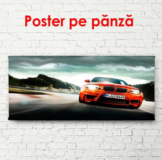 Постер - Красный автомобиль на дороге, 90 x 45 см, Постер в раме