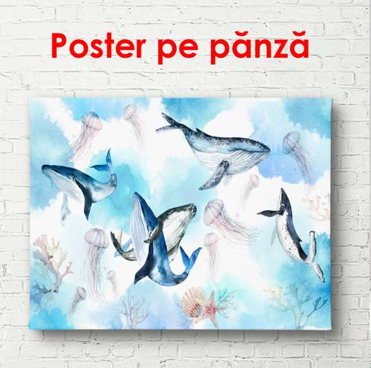 Poster - Whales in the water, 45 x 30 см, Canvas on frame