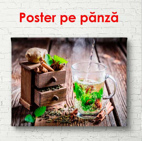 Poster - Cake with a cup of tea on the table, 90 x 60 см, Framed poster