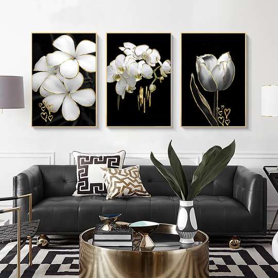 Постер - Белые цветы с золотыми контуром, 60 x 90 см, Постер на Стекле в раме, Наборы