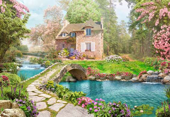 Wall Mural - House by the waterfall in the depths of the forest and bright flowers