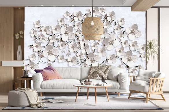 Fototapet - Copac cu efect 3D cu flori albe