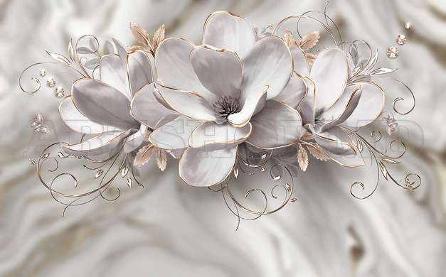 3D Photo Wallpaper- Magnolia flowers with golden outline on abstract gray background