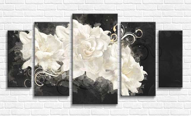 Модульная картина, Белые цветы на темном фоне, 206 x 115