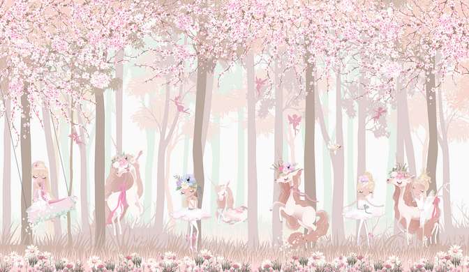 Fototapet - Pădure roz și unicorni