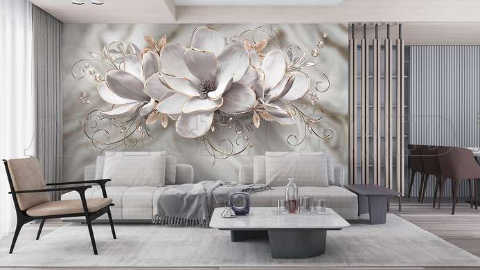 3D Photo Wallpaper- Magnolia flowers with golden outline on abstract gray background