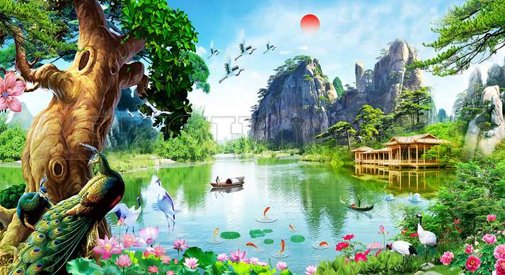 Wall Mural - Chinese landscape by the lake