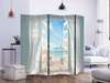 Screen with an open window and white curtains., 7