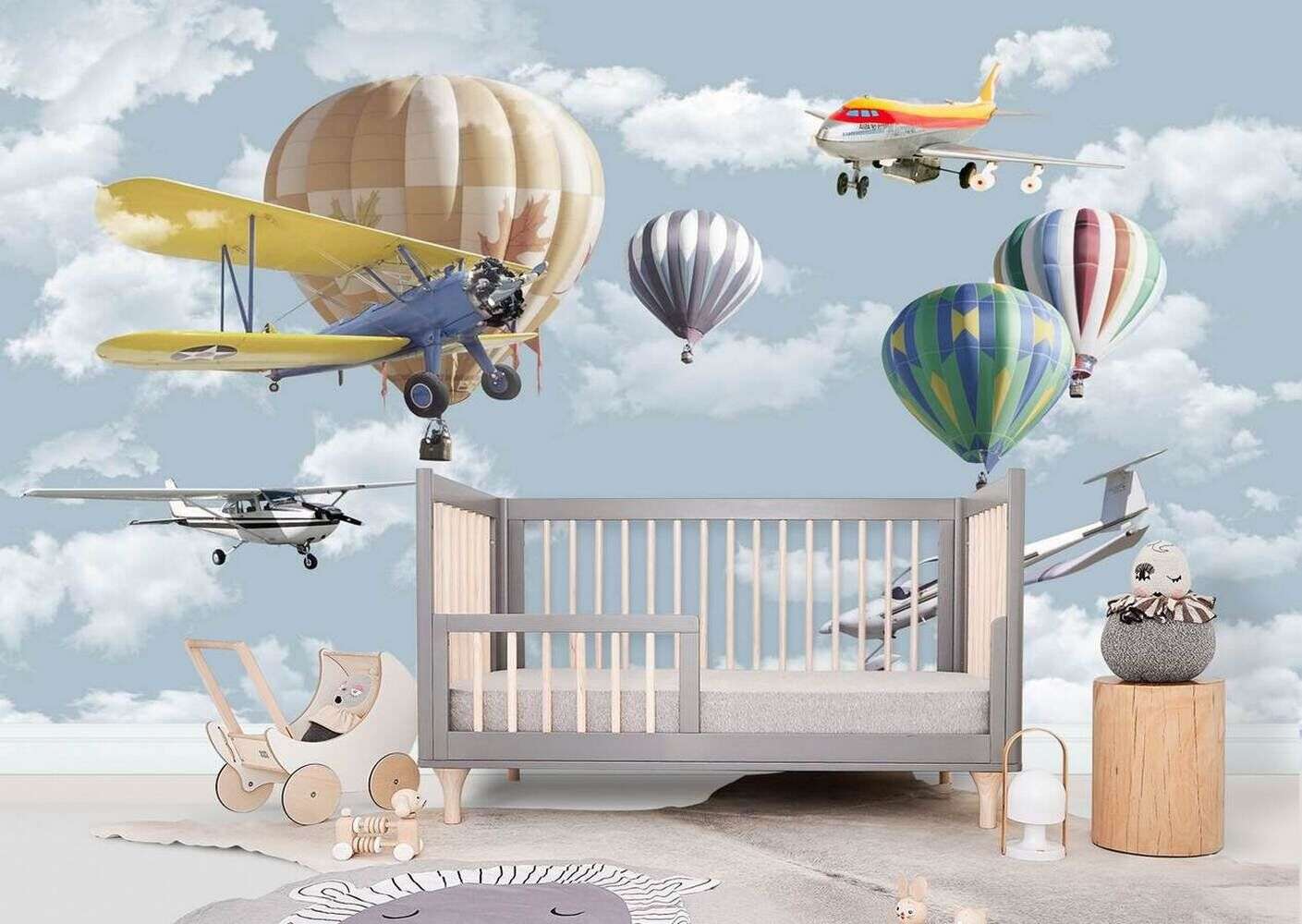 Papier peint chambre enfant  Ciel avions et montgolfières