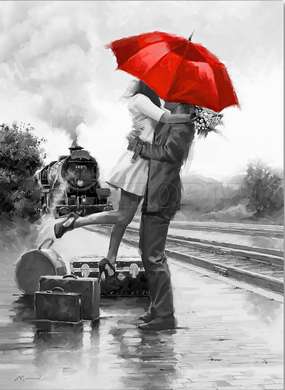 Poster - Under the umbrella at the railway station, 60 x 90 см, Framed poster on glass, Picturi