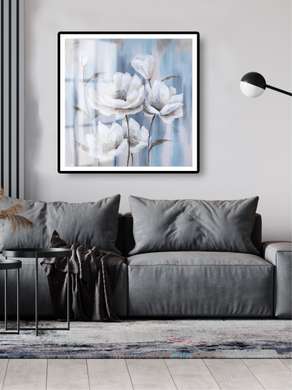 Poster - Flori albe pe fond albastru, 100 x 100 см, Poster inramat pe sticla