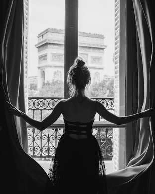 Poster - Girl in black dress by the window, 30 x 45 см, Canvas on frame, Black & White