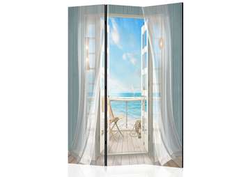 Screen with an open window and white curtains., 3