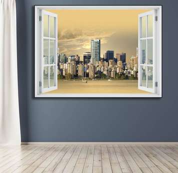 Wall Decal - Window overlooking the city on the water, Window imitation