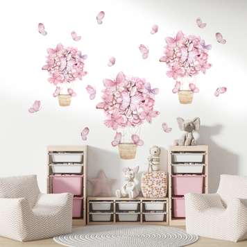 Wall decals, Flower hot air balloons and pink butterflies, SET-M