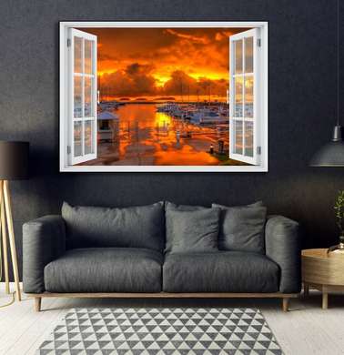 Stickere pentru pereți - Fereastra cu vedere spre un port la apus de soare, Imitarea Ferestrei, 130 х 85