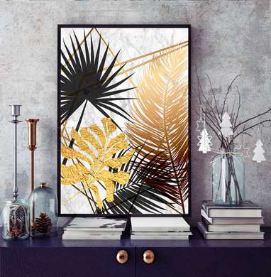 Poster - Grădină tropicală în culori aurii 2, 60 x 90 см, Poster înrămat, Glamour