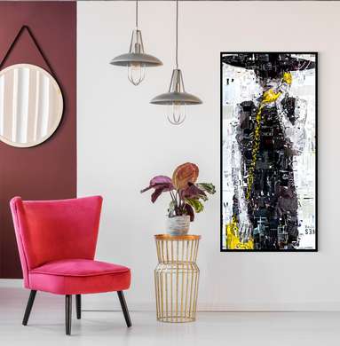 Poster - Fată cu telefon galben, 30 x 90 см, Panza pe cadru, Alb Negru