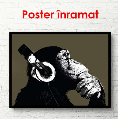 Poster - Maimuța cu casti pe un fundal negru, 90 x 60 см, Poster înrămat, Alb Negru