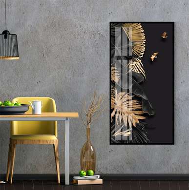 Poster - Frunze de aur pe un fundal negru, 50 x 150 см, Poster înrămat, Glamour