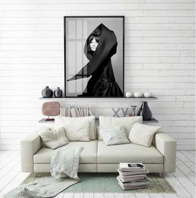 Poster - Audrey Hepburn in a black raincoat, 60 x 90 см, Framed poster, Famous People