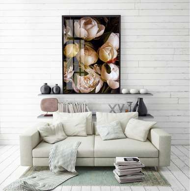 Poster - White peonies 1, 60 x 90 см, Framed poster on glass, Flowers
