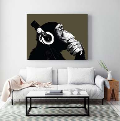 Poster - Monkey with headphones on a black background, 90 x 60 см, Framed poster, Black & White