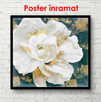Постер - Белый цветок с золотыми элементами, 40 x 40 см, Холст на подрамнике, Ботаника