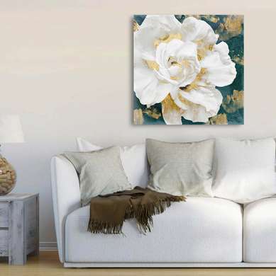 Постер - Белый цветок с золотыми элементами, 40 x 40 см, Холст на подрамнике, Ботаника