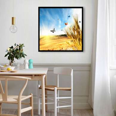 Poster - Butterflies soar in the air against the background of a wheat field, 100 x 100 см, Framed poster